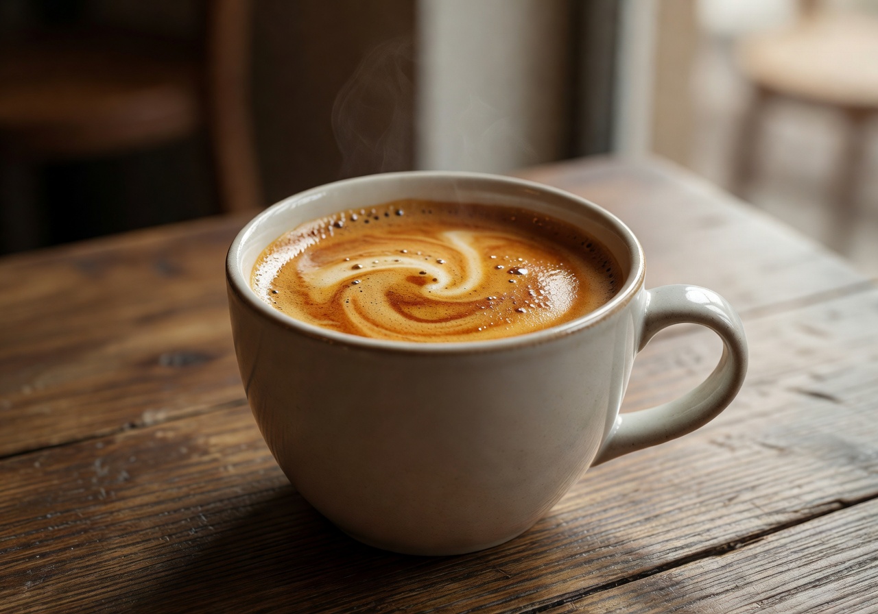 A perfect shot of espresso with rich crema in a ceramic cup