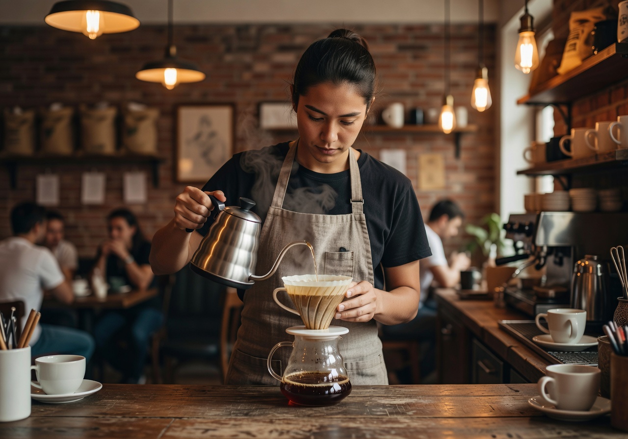 Barista carefully pouring water over a manual drip coffee setup in a warm cafe