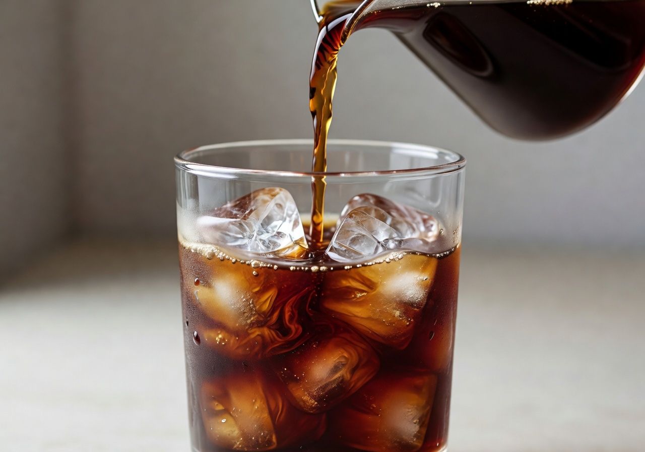 Cold brew coffee being poured over ice in a glass