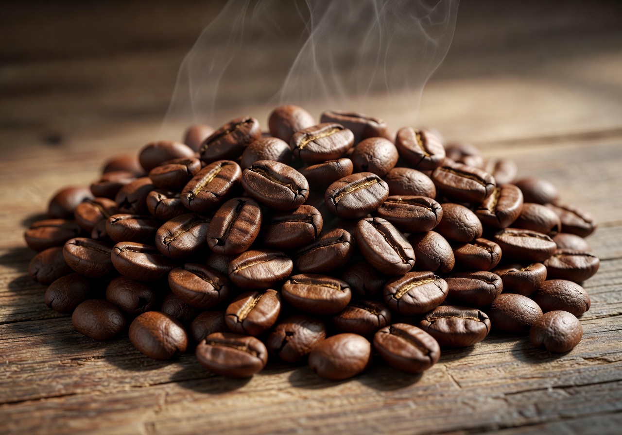 Freshly roasted whole coffee beans resting on a surface