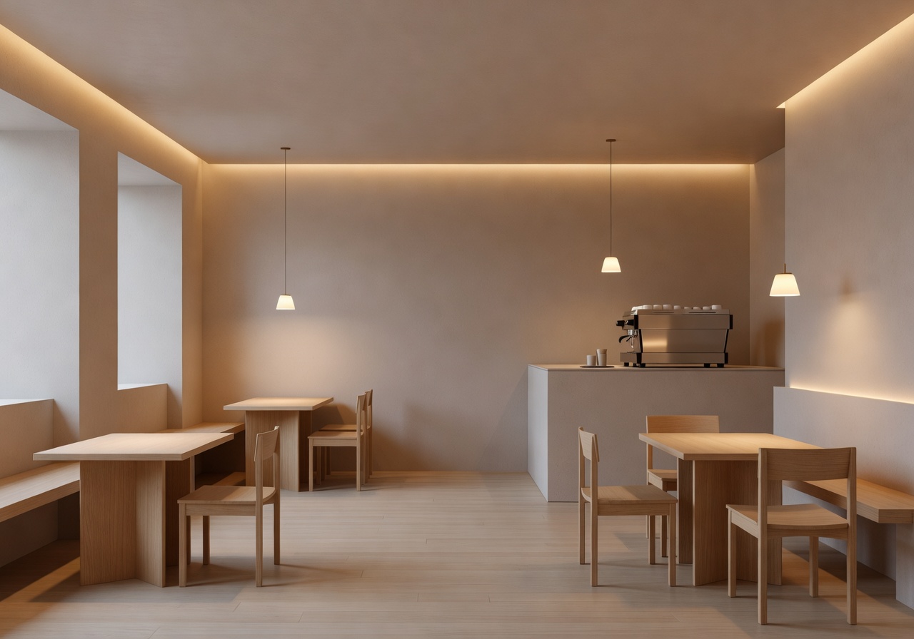 Minimalist interior of a coffee shop with warm lighting